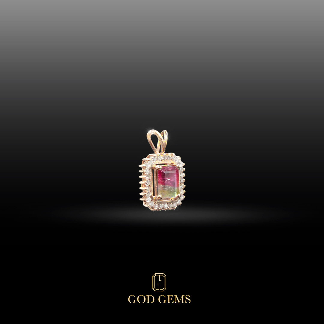 Dije de Turmalina Sandía con Diamantes en Oro 14K.