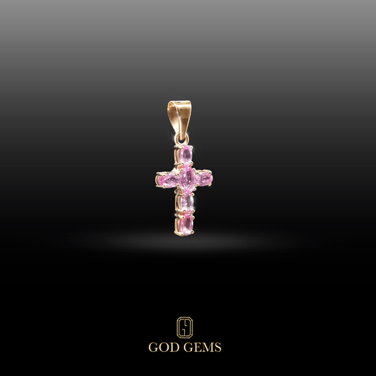 Cruz de Zafiros Rosados con Montura en Oro de 14K.