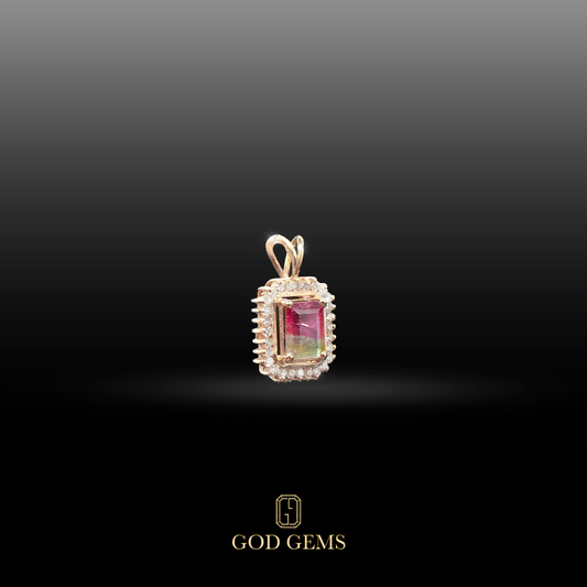 Dije de Turmalina Sandía con Diamantes en Oro 14K.