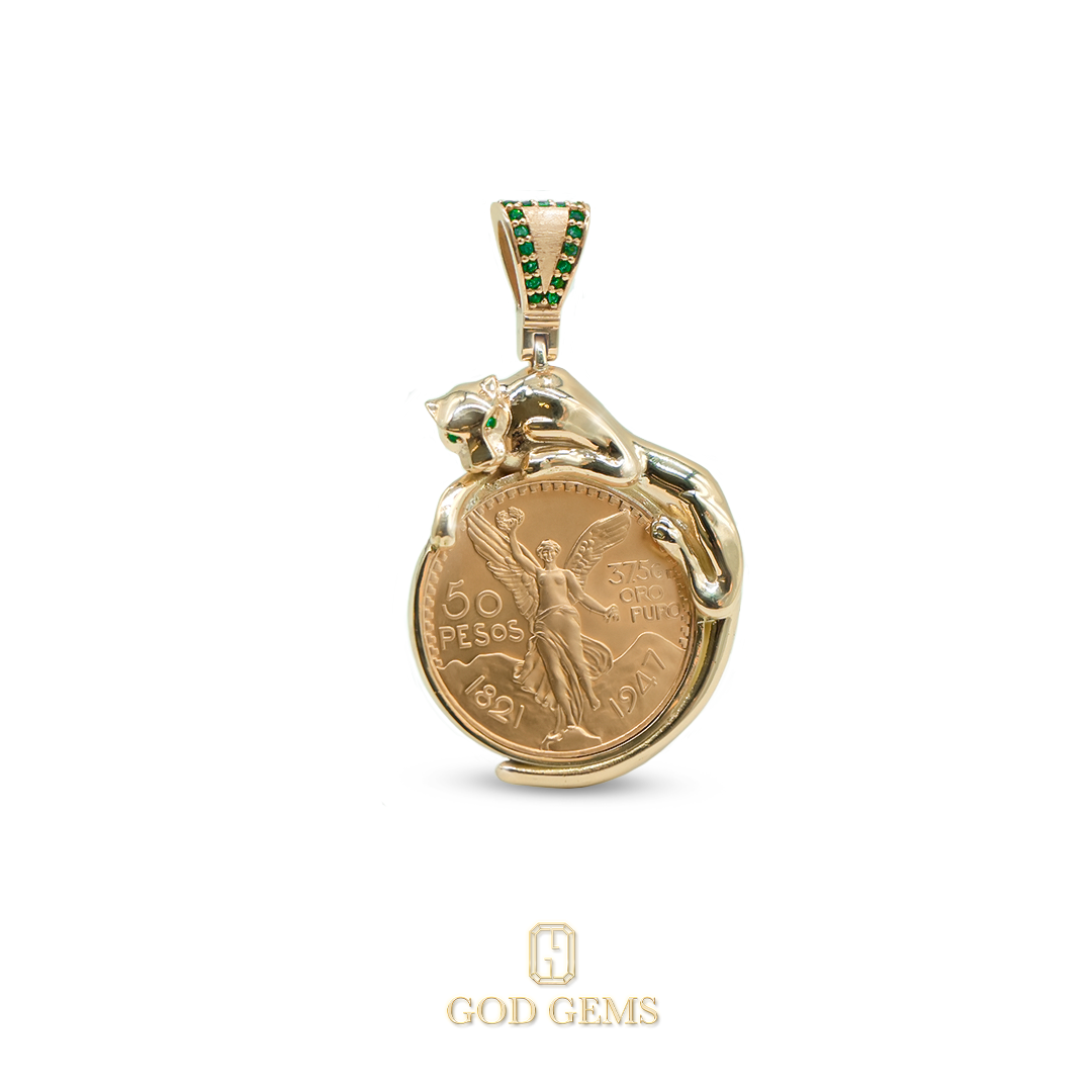 Porta Centenario Jaguar en Oro  14k con Esmeraldas Colombianas