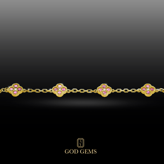 Pulsera Tréboles de Zafiros Rosados en Oro 14K.